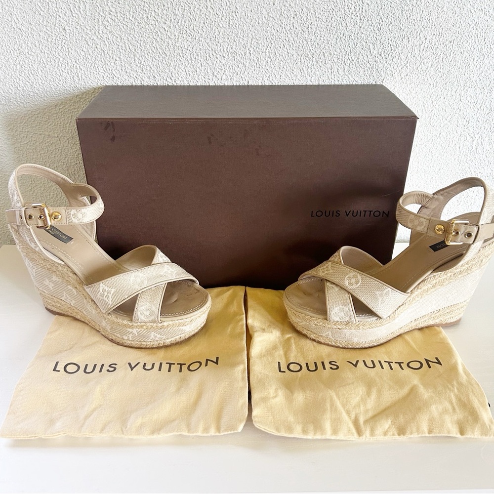 Louis Vuitton Beige Monogram Canvas Espadrille Ankle Strap Wedges Size EU 40 - Picture 2 of 16